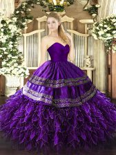 Exquisite Sleeveless Organza and Taffeta Floor Length Zipper Quince Ball Gowns in Purple with Embroidery and Ruffles