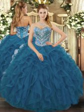 Edgy Teal Lace Up Quince Ball Gowns Beading and Ruffled Layers Sleeveless Floor Length