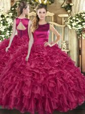 Cute Floor Length Fuchsia 15th Birthday Dress Organza Sleeveless Ruffles