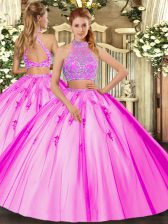 Fuchsia Halter Top Criss Cross Beading Quinceanera Gown Sleeveless