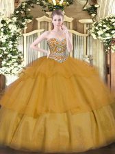  Organza Sweetheart Sleeveless Lace Up Beading and Ruffled Layers Quinceanera Gown in Brown