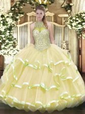 Comfortable Light Yellow Ball Gowns Organza and Tulle Halter Top Sleeveless Beading and Ruffled Layers Floor Length Lace Up Quinceanera Gown