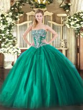 Luxury Turquoise Lace Up Strapless Beading Sweet 16 Dresses Tulle Sleeveless