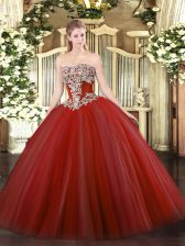 Custom Design Strapless Sleeveless Ball Gown Prom Dress Floor Length Beading Wine Red Tulle