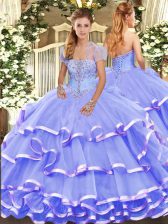  Lavender Ball Gowns Appliques and Ruffled Layers Quinceanera Gowns Lace Up Organza Sleeveless Floor Length