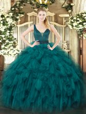 Fitting Straps Sleeveless Quince Ball Gowns Floor Length Beading and Ruffles Teal Organza