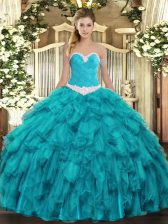 Dazzling Ball Gowns Vestidos de Quinceanera Teal Sweetheart Organza Sleeveless Floor Length Lace Up