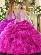 Top Selling Hot Pink Lace Up Sweetheart Beading and Ruffles and Pick Ups Sweet 16 Dress Organza Sleeveless
