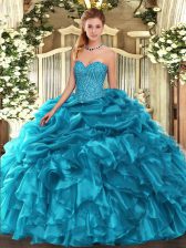  Teal Sweetheart Lace Up Beading and Ruffles and Pick Ups Sweet 16 Dresses Sleeveless
