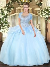  Ball Gowns Sweet 16 Dresses Aqua Blue Scoop Organza and Tulle Sleeveless Floor Length Clasp Handle
