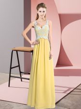 Hot Sale Yellow Chiffon Zipper Dress for Prom Sleeveless Floor Length Lace