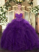 Most Popular Purple Ball Gowns Sweetheart Sleeveless Organza Floor Length Lace Up Ruffles 15th Birthday Dress