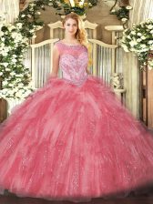 Fancy Scoop Sleeveless Zipper Quinceanera Gown Rose Pink Organza