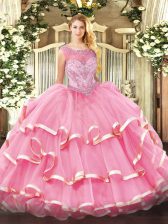  Sleeveless Floor Length Beading and Ruffled Layers Zipper Quinceanera Gown with Rose Pink 