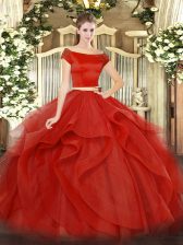 Floor Length Red Quinceanera Dresses Off The Shoulder Short Sleeves Zipper