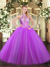  Floor Length Purple Ball Gown Prom Dress Halter Top Sleeveless Lace Up