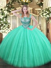  Turquoise Ball Gowns Scoop Sleeveless Tulle and Sequined Floor Length Lace Up Beading 15th Birthday Dress