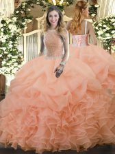  Peach 15th Birthday Dress Military Ball and Sweet 16 and Quinceanera with Beading and Ruffles and Pick Ups High-neck Sleeveless Lace Up