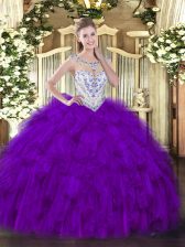  Purple 15 Quinceanera Dress Military Ball and Sweet 16 and Quinceanera with Beading and Ruffles Scoop Sleeveless Zipper