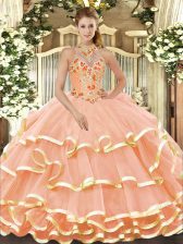  Peach Organza Lace Up Halter Top Sleeveless Floor Length Vestidos de Quinceanera Beading and Embroidery
