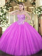  Sleeveless Tulle Floor Length Lace Up Quinceanera Gown in Lilac with Appliques
