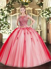  Tulle Scoop Sleeveless Lace Up Beading and Appliques Quinceanera Gowns in Coral Red