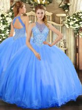 Shining Blue Tulle Lace Up Quinceanera Dresses Sleeveless Floor Length Beading