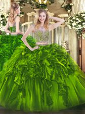 High Quality Two Pieces 15 Quinceanera Dress Olive Green Scoop Organza Sleeveless Floor Length Lace Up