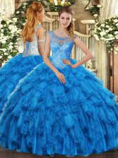 Ideal Baby Blue Scoop Neckline Beading and Ruffles Sweet 16 Dresses Sleeveless Lace Up