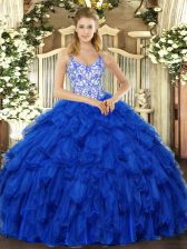 Glamorous Royal Blue Sweet 16 Dresses Sweet 16 and Quinceanera with Beading and Ruffles Straps Sleeveless Lace Up