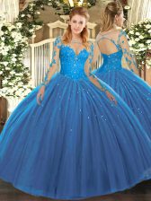 Artistic Lace Quince Ball Gowns Teal Lace Up Long Sleeves Floor Length