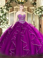 Graceful Fuchsia Ball Gowns Sweetheart Sleeveless Tulle Floor Length Lace Up Beading and Ruffles Quinceanera Dress