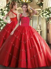 Fantastic Red Tulle Lace Up 15 Quinceanera Dress Sleeveless Floor Length Appliques