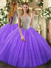  Lavender Ball Gowns Beading Quinceanera Dresses Lace Up Tulle Sleeveless Floor Length