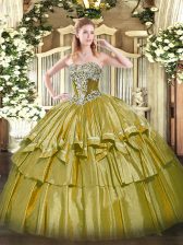  Strapless Sleeveless Quinceanera Dresses Floor Length Beading and Ruffled Layers Olive Green Organza and Taffeta