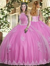  Floor Length Lace Up 15 Quinceanera Dress Rose Pink for Military Ball and Sweet 16 and Quinceanera with Beading and Appliques