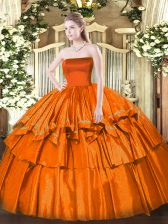 Exquisite Orange Red Ball Gowns Strapless Sleeveless Organza Floor Length Zipper Ruffled Layers Ball Gown Prom Dress