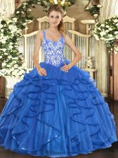 Classical Straps Sleeveless Tulle Sweet 16 Dresses Beading and Appliques and Ruffles Lace Up
