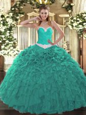Inexpensive Turquoise Sweetheart Lace Up Appliques and Ruffles Quinceanera Gowns Sleeveless