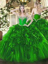  Sleeveless Floor Length Beading and Ruffles Lace Up Ball Gown Prom Dress with Green