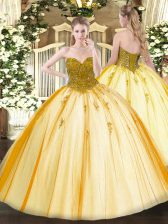 Dazzling Gold Sleeveless Tulle Lace Up Vestidos de Quinceanera for Military Ball and Sweet 16 and Quinceanera