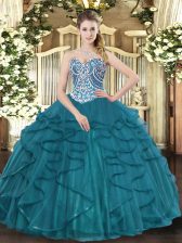  Floor Length Ball Gowns Sleeveless Teal Quinceanera Gown Lace Up