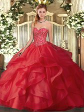  Red Lace Up Quinceanera Gown Beading and Ruffles Sleeveless Floor Length