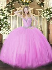 Artistic Lilac Ball Gowns Sweetheart Sleeveless Tulle Floor Length Lace Up Beading Sweet 16 Quinceanera Dress