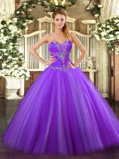 Custom Designed Ball Gowns Quince Ball Gowns Eggplant Purple Sweetheart Tulle Sleeveless Floor Length Lace Up