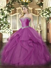  Fuchsia Sweetheart Lace Up Beading and Ruffles Sweet 16 Dresses Sleeveless