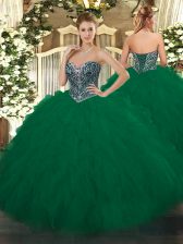  Sleeveless Floor Length Beading and Ruffles Lace Up Vestidos de Quinceanera with Dark Green