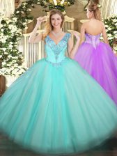  Floor Length Aqua Blue Sweet 16 Quinceanera Dress V-neck Sleeveless Lace Up