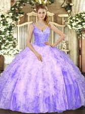  Lavender Lace Up V-neck Beading and Ruffles Sweet 16 Dresses Tulle Sleeveless