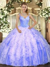  Lavender Tulle Lace Up 15th Birthday Dress Sleeveless Floor Length Beading and Ruffles